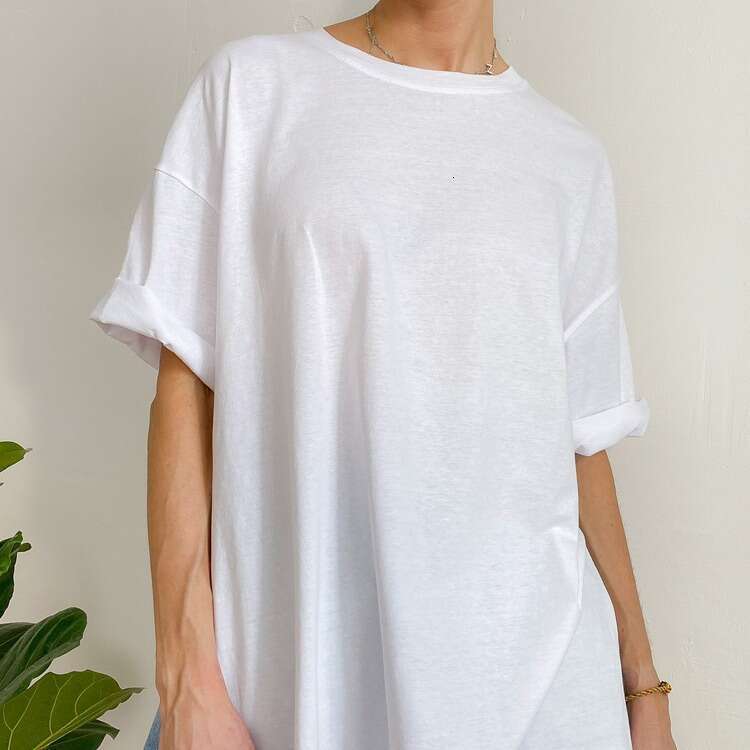 Summer Loose Split Cotton Short Sleeve For Women Comfortable Round Neck Solid Color T-Shirt B5