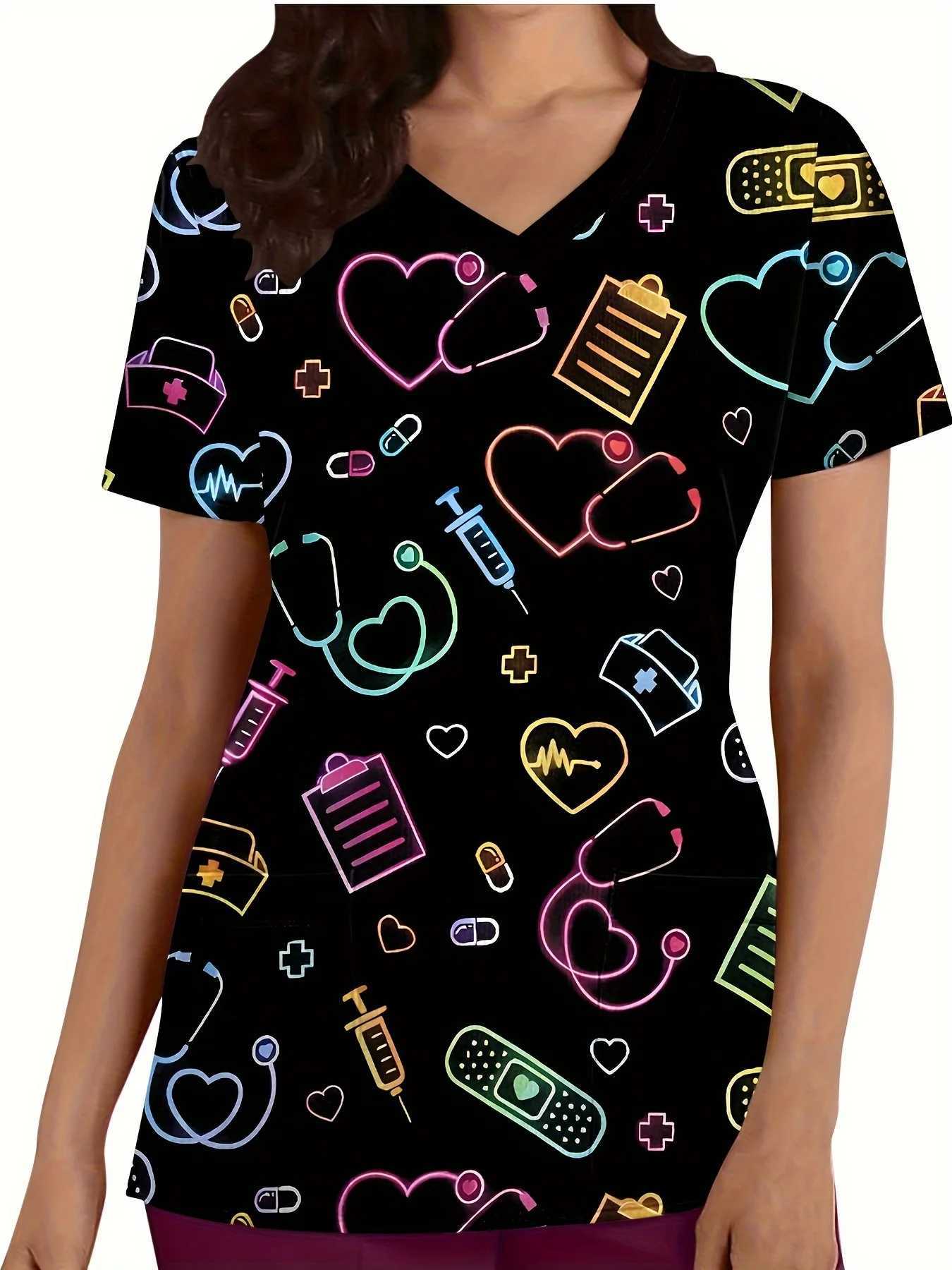 Surgical Uniforms Woman Heart Printed V-Neck Nurses Tops Short Sleeve Patch Pocket Medical Uniforms Surgical Uniforms Nursing Z250718