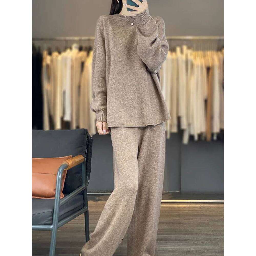 Women's Loose Suit Spring Fall Winter 100% Merino Wool O-Neck Pullover Sweater High Waist Straight Pants Knitting Two Piece Set MDNG