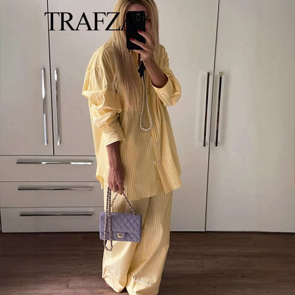 TRAFZA American Spring Summer New Striped Loose Shirt Pajama Style Long Pants Set B5