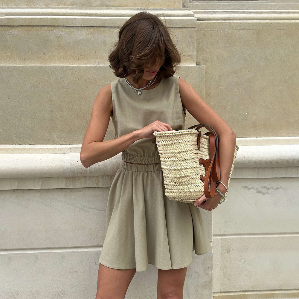 Round Neck Vest Pleated Spring Summer New Cotton Linen Comfortable Short Skirt Casual Set For Women B5