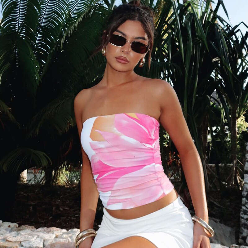 Ins Women's Fashion Spring Summer New American Hot Girl Style Digital Print Tube Crop Top Tight Vest B5