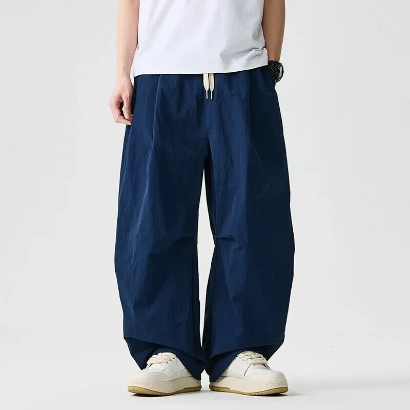 Wide leg Pants Men Harajuku Japanese Style Loose Casual Pants Men Solid Comfortable Elastic Waist Trouser Outdoor Walking Hiking 250715