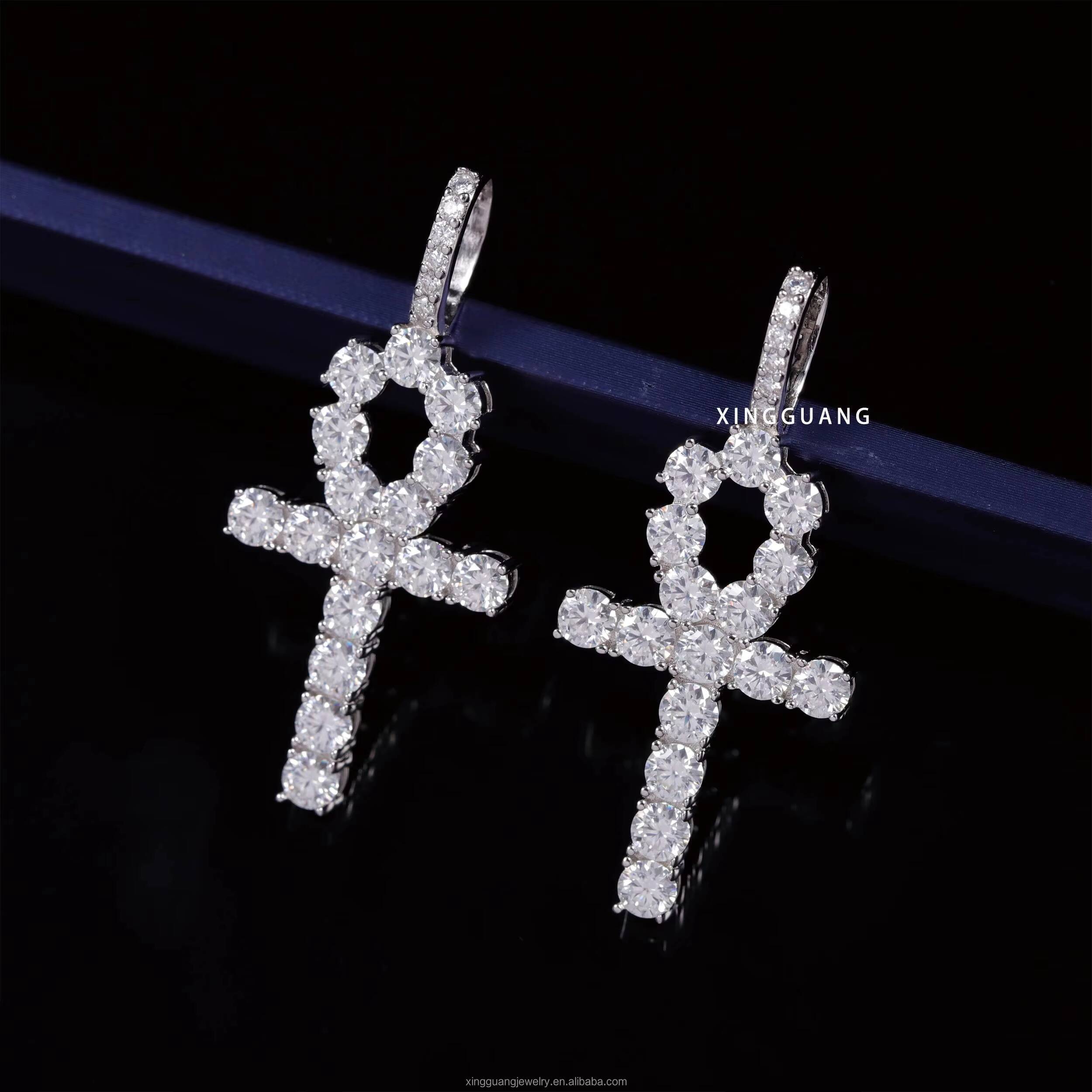 RTS Cross Shape VVS Moissanite Diamond 925 Silver Pendantwith Rope Chain for Fashion Jewelry