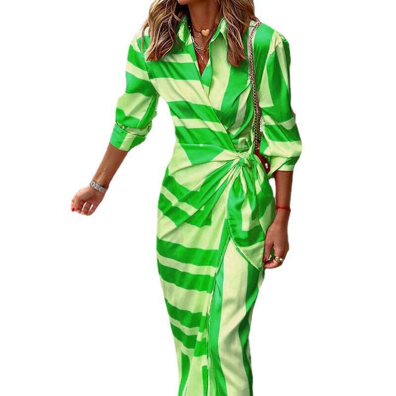 Digital Long Sleeve High Waist V-Neck Sexy Shirt Style Geometric Tie Dress B5