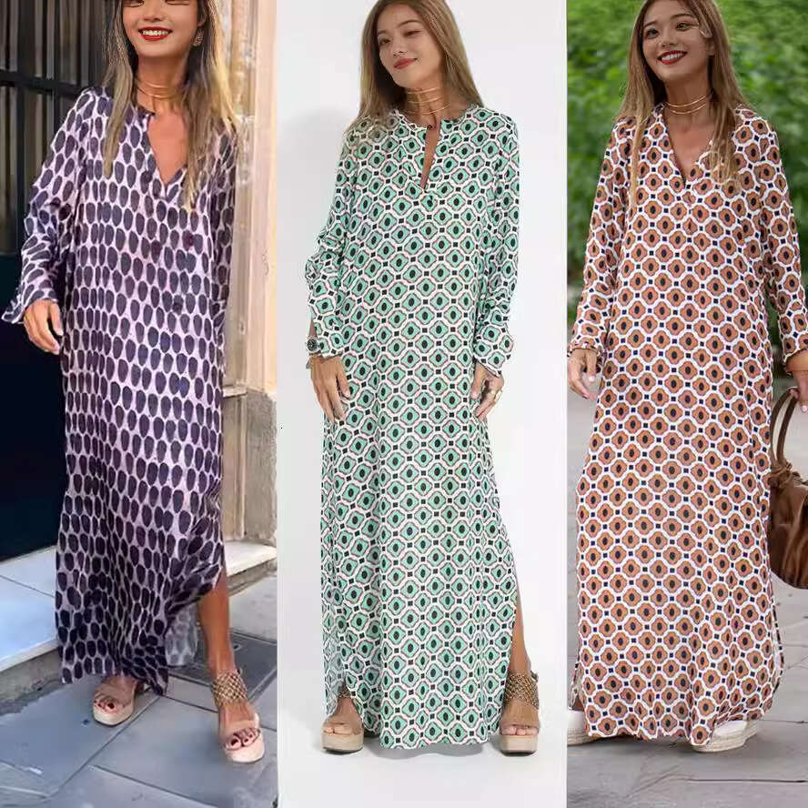 Jinghu District Goddess Style Polyester Large Hem Split Pullover Sleeve Slit V-Neck Shirt Long Dress B5