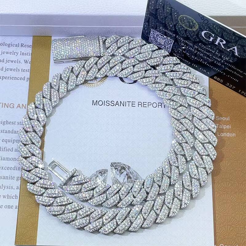 Moissanite 13mm Cuban Chain Link Necklaces Chain Hip Hop Jewelry Moissanite S925 Silver Cuban Chain Necklaces for Men Women