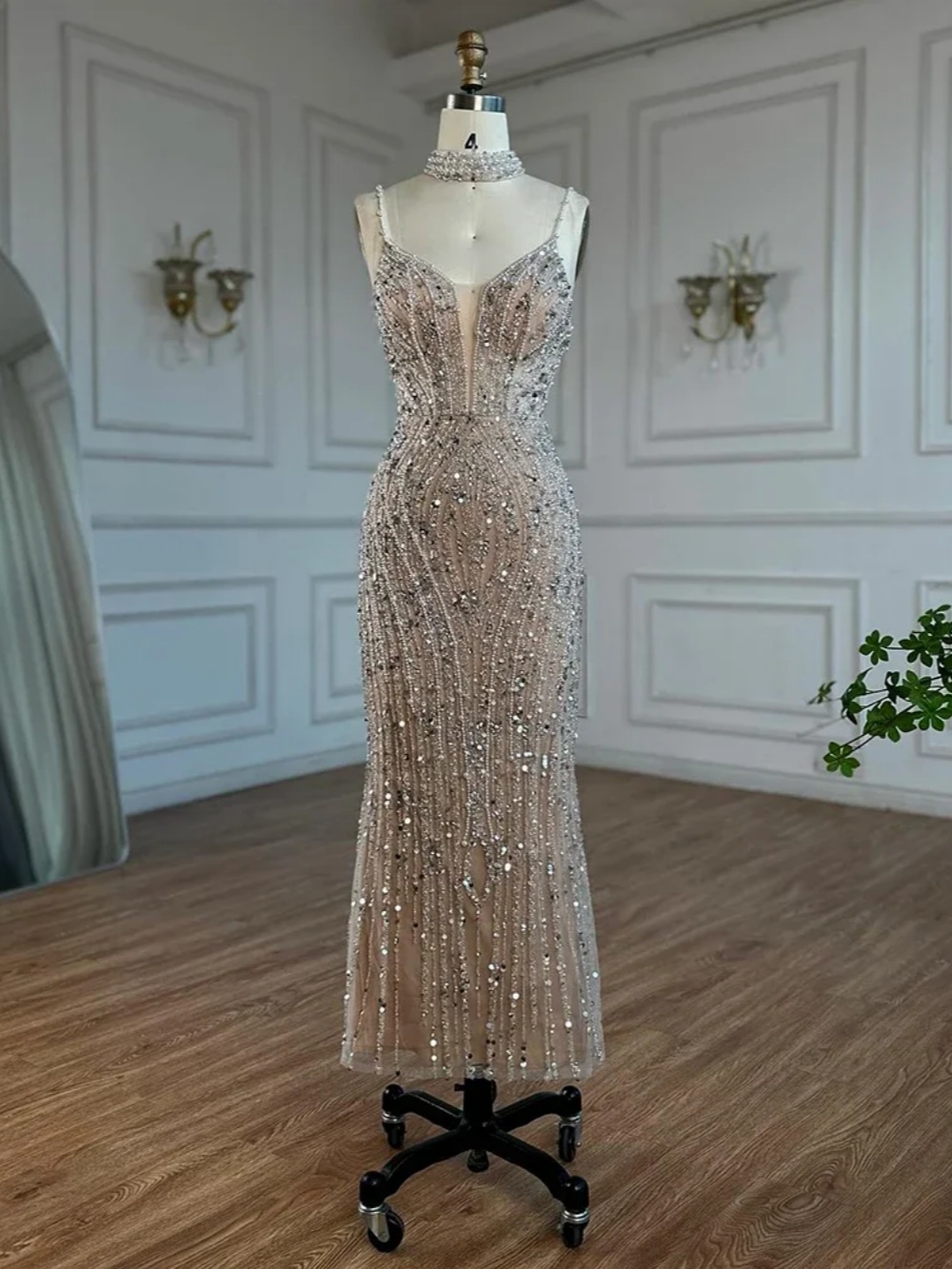 Modern Sequins Mermaid Evening Dress Beaded Pearls Spaghetti Strap Sleeveless Prom Gowns Floor Length Formal Dresses Customized