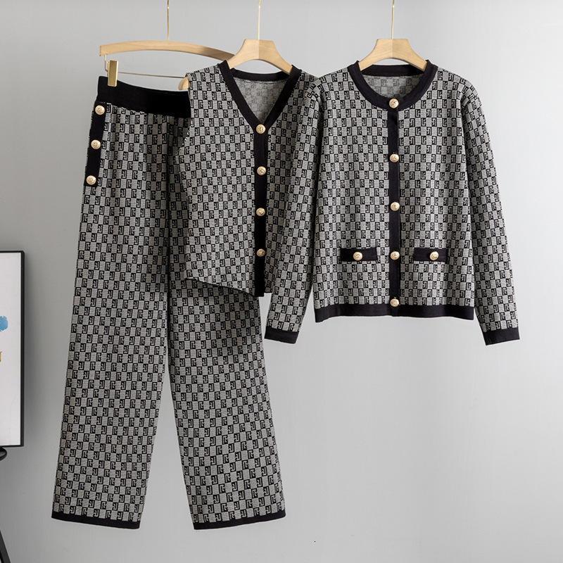 Fashionable Elegant Knitted Suit for Women Spring and Autumn Vest Sweater Cardigan Pants Three-Piece Set Trendy 250718