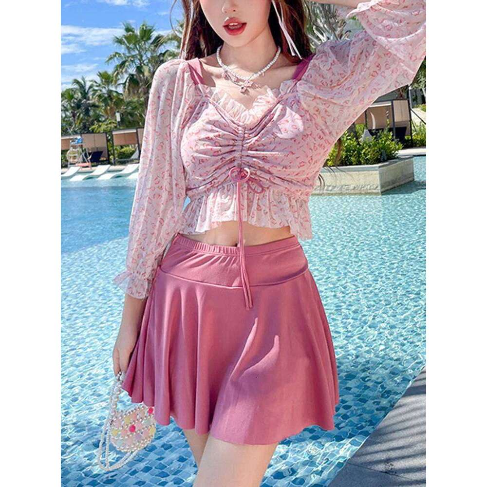 OIINAA Print Bathing Suit Women Ruffled Long Sleeve Hot Spring Swimwear High Waisted Mini Skirt Summer 2025 New Fashion Swimsuit