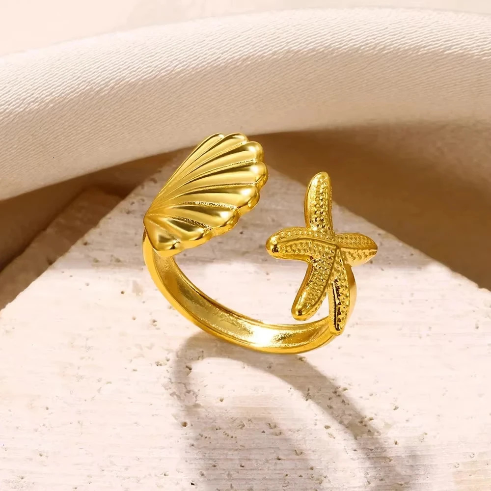 Ocean Starfish Shell Open Rings For Women Gold Color Stainless Steel Ring Summer Beach Aesthetic Waterproof Jewelry Gift 250716