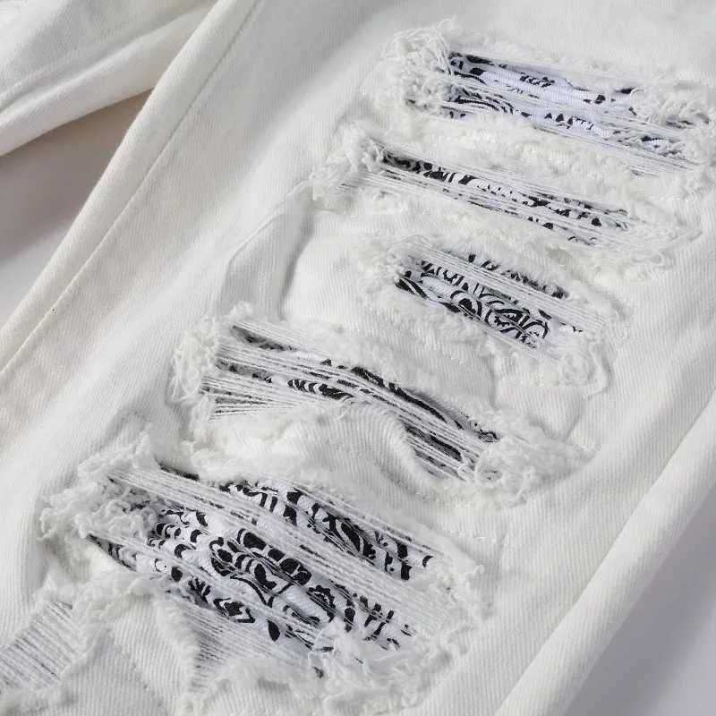 Men Paisley Bandana Print Patch Biker Jeans Streetwear Patchwork Ripped White Stretch Denim Pants Skinny Tapered Trousers X250718