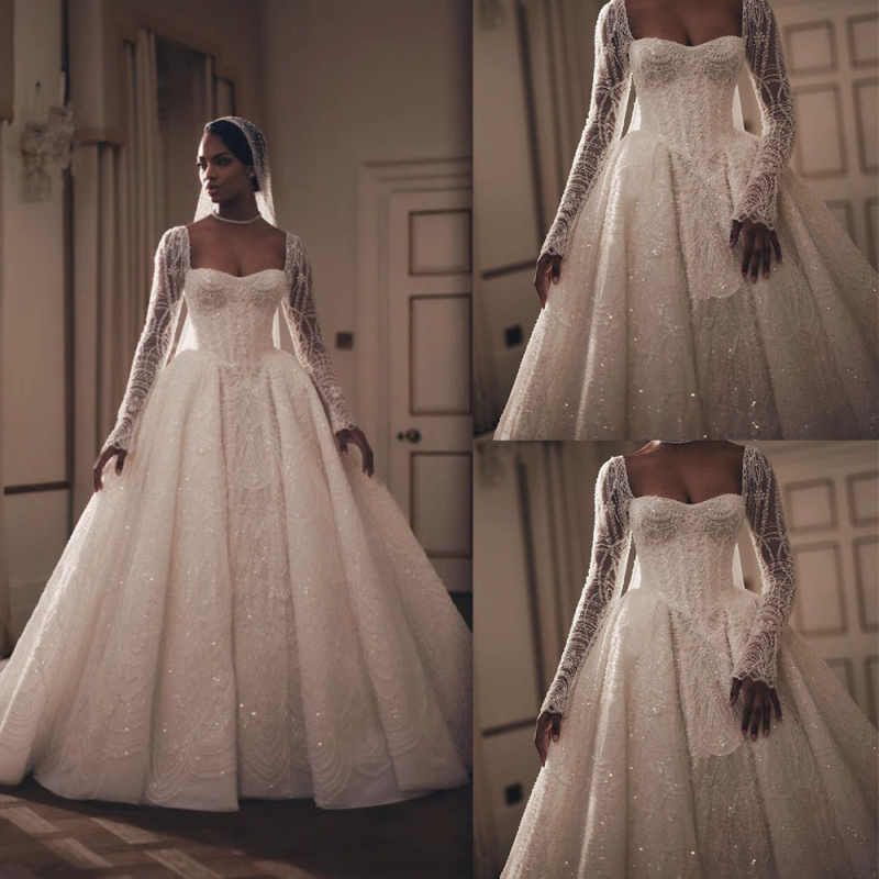 Luxury A Line Women Wedding Dress Sweetheart Neck Long Sleeves Bridal Gowns Sequins Lace Detachable Train Dress Custom Made vestidos de novia