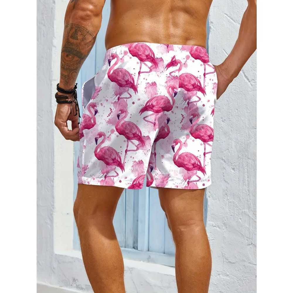 Mens Casual Beach Shorts - Quick-Dry Drawstring Waist with Pockets Flamingo Print Summer Vacations Outdoor Activities W250718