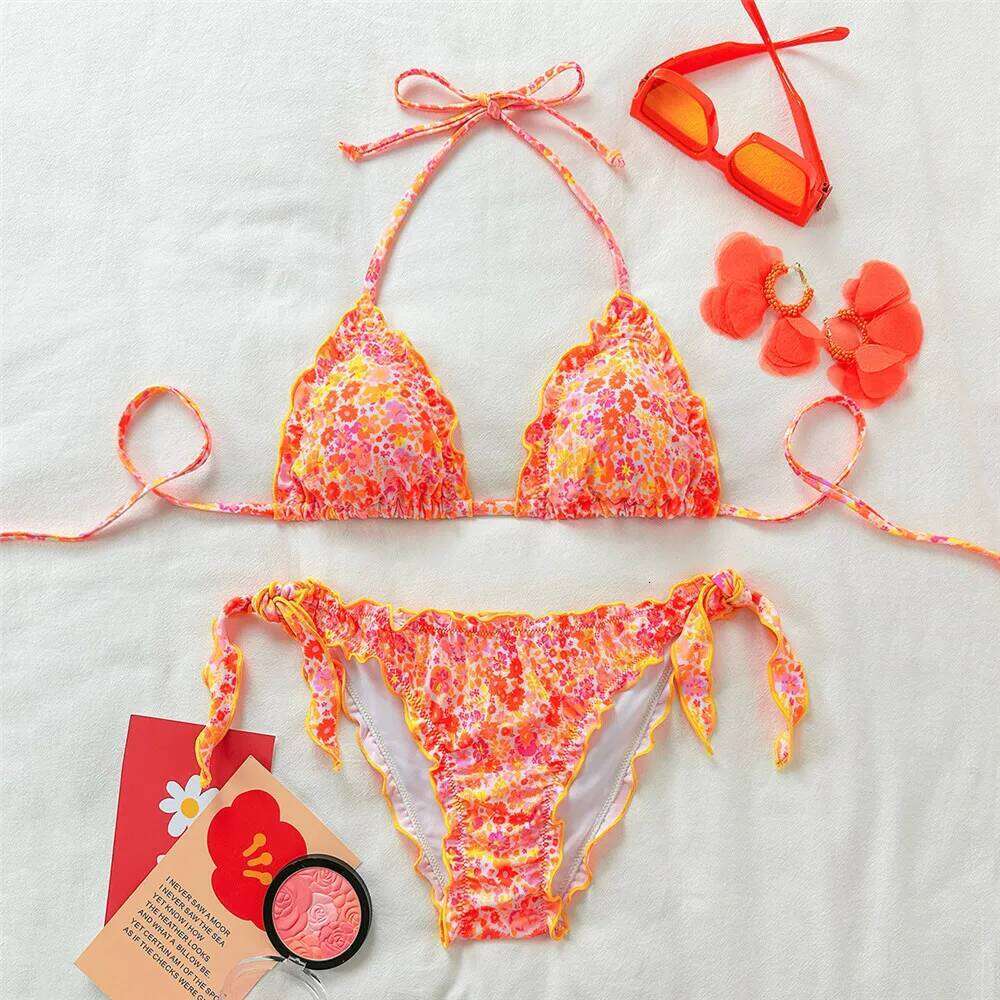 Orange Floral Print Halter String Triangle Bikini Ruched Edge Sexy Swimsuit Women 2025 Holiday Swimwear Bathing Suit Bikinis Set