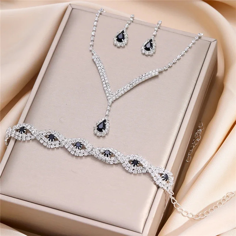 3 Pcs Rhinestone Bride Jewelry Set for Women Black Water Drop Crystal Earrings Wedding V Necklace Eye Bracelet Fashion- 250715