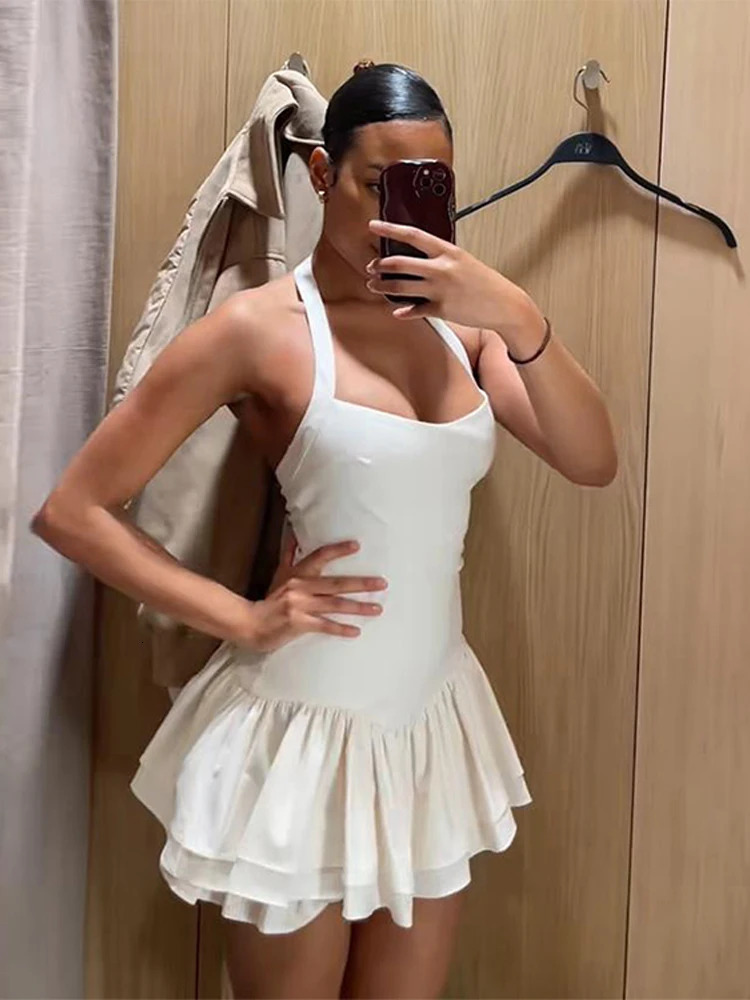 Fashion Patchwork Halter Mini Dress For Women Chic Sleeveless Backless Pleated Short Dress Lady Vacation Party Evening Vestidos 250715