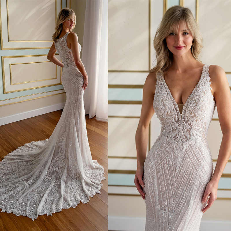 Sexy V Neck Sequined Lace Mermaid Wedding Dress Elegant Sleeveless Bridal Gown Appliques Sweep Train Bride Dresses Customized