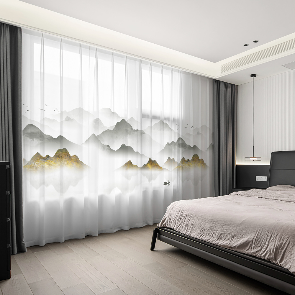 YL-36624 New Chinese style landscape painting all-match chiffon window screen living room bedroom tea house temple light-transmitting and non-transmit