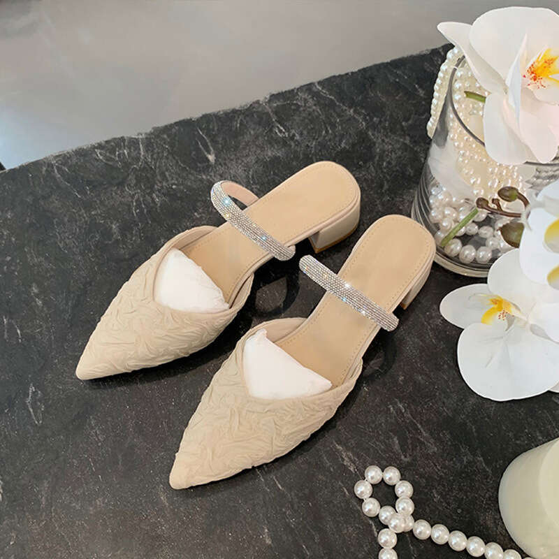 Designer Studiolee 2025 Gentle Style One-Strap Diamond Summer Spring Pointed Toe Open Back Chunky Heel Sandals for Women