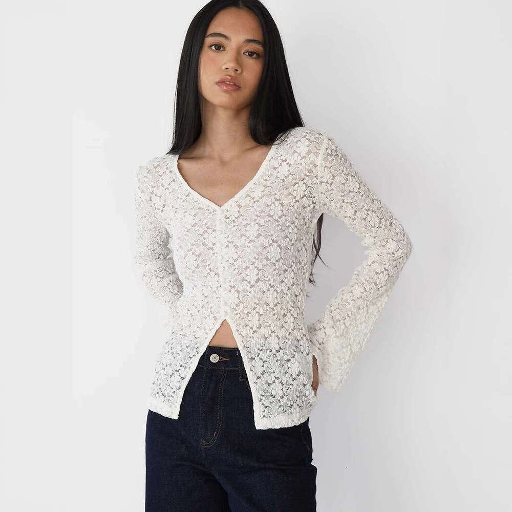 New Style Lace Hollow Out Base Shirt Pearl Button Split Tight Bell Long Sleeve T-Shirt For Women B5