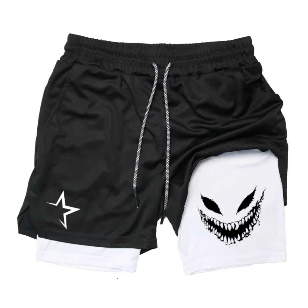 Mens breathable and quick-drying sports shorts with Devil smile print 2-in- performance shorts and a mobile phone pocket W250718