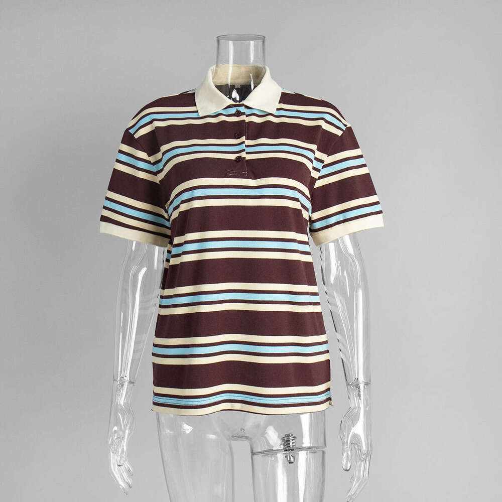 Striped T-Shirt Summer New Color Block Polo Shirt Loose Casual Short Sleeve Women B5