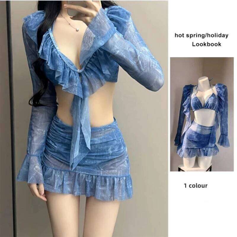 4 Pieces Swimsuit for Women Halters Swimming Long Sleeves Swimwear with Cover Up & Beach Skirt Summer Bathing Suit