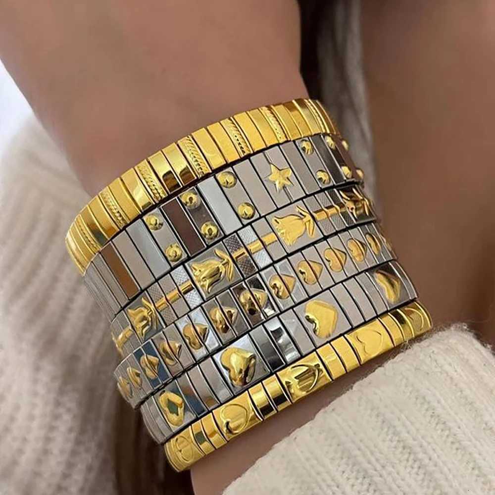 AENSOA Vintage Elasticity Stainless Steel Bangles Bracelet for Women Classic Square Adjustable Wristband Waterproof Bangle X250718