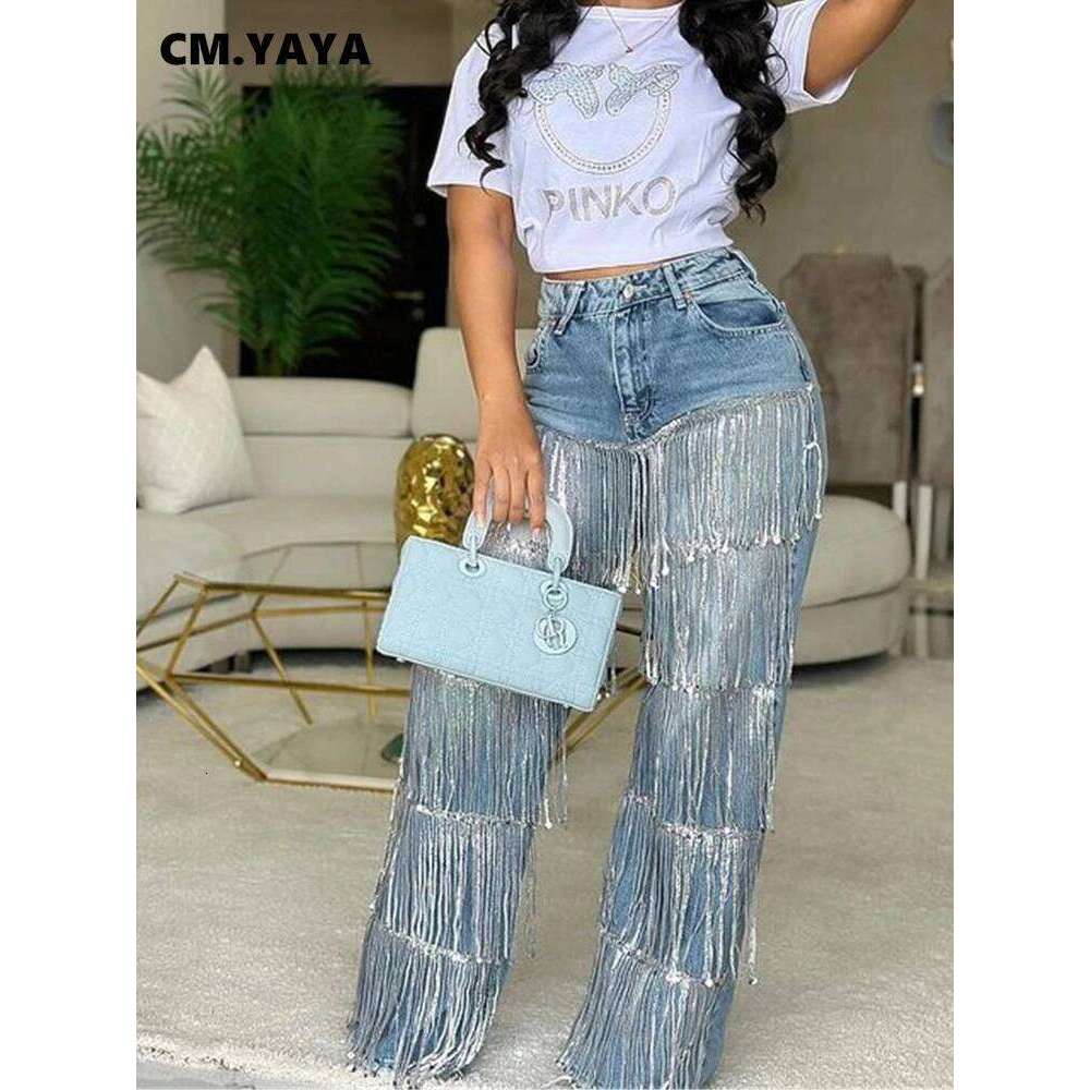 Cm.Yaya Women Sequins Tassel Wide Leg Blue Denim Pants 2025 Summer Streetwear Party Vintage High Waist Jeans Trousers