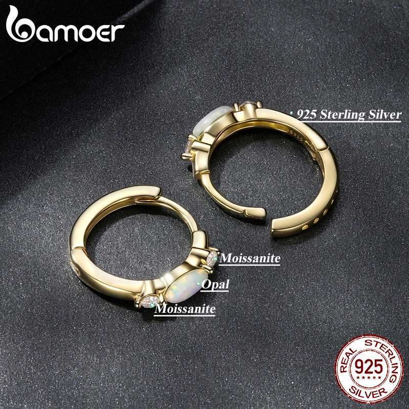 BAMOER Moissanite Hoop Earring 18K Gold Oval Opal Huggie Earrings 925 Sterling Silver Jewelry for Women Hypoallergenic Gift