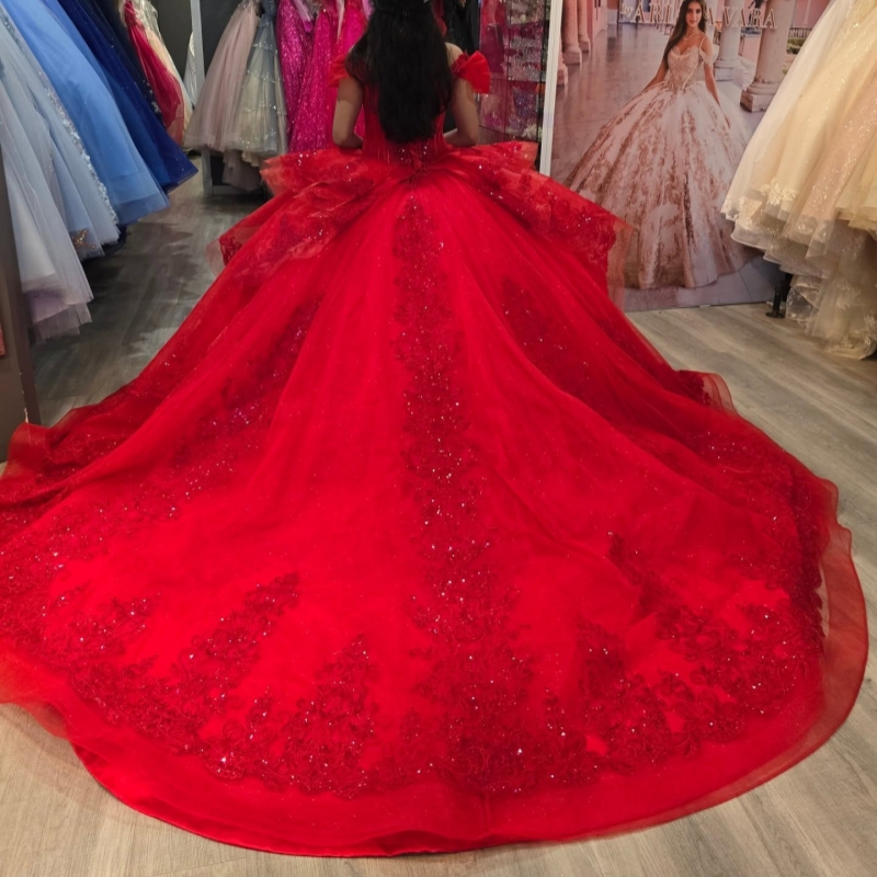 Red Shiny Quinceanera Dresses Ball Gown Off The Shoulder Applique Lace Beading Tull Corset Party Birthday Sweet 16 Dress Vestidos 15 Anos
