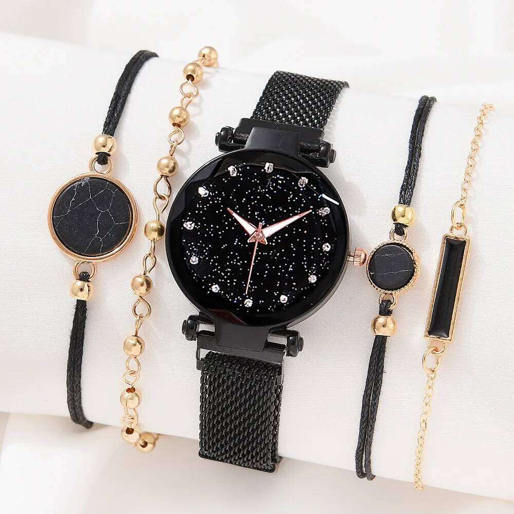free shipping 5pcs Fashion Starry Sky Watches Magnet Buckle Mesh Belt Dia Quartz Watch Women Dress Clock Wristwatches for Girl Gift