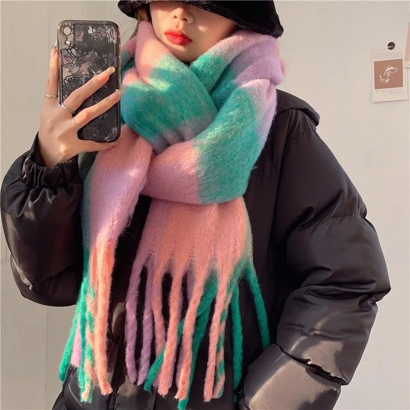 Winter Thick Warm Scarf Women Cashmere Shawl and Wraps Pashmina Neckerchief Scarf Female Rainbow Hairy Tassel Scarf 250717