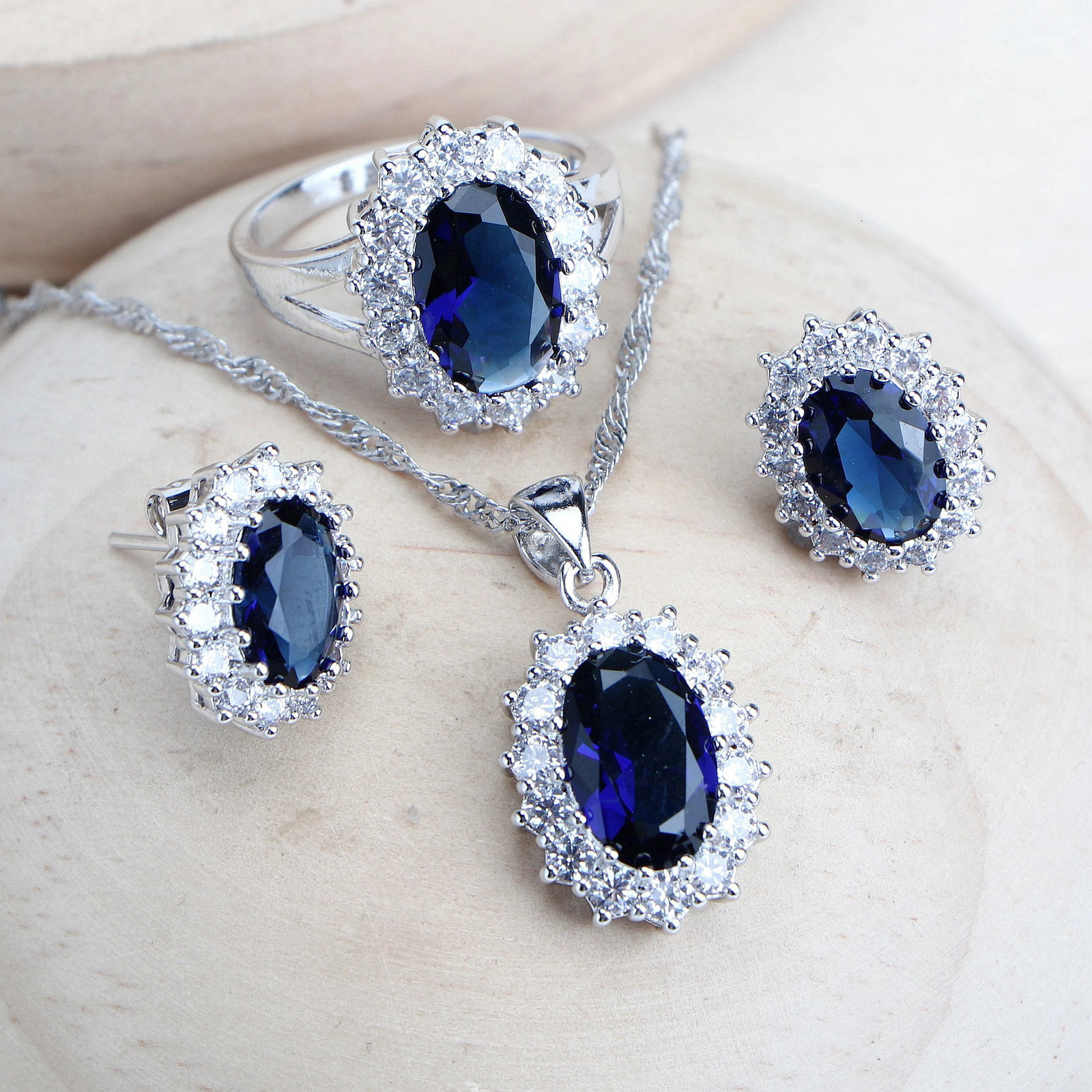 Silver 925 Women Bridal Jewelry Sets Blue Zirconia Costume Fine Jewellery Wedding Necklace Earrings Rings Bracelets Pendant Set 250715