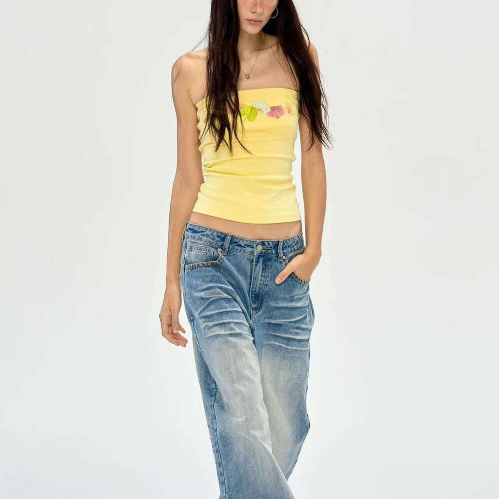 Spicy Girl Pure Desire Floral Print Tube Vest Summer Vacation Style Fresh Top B5