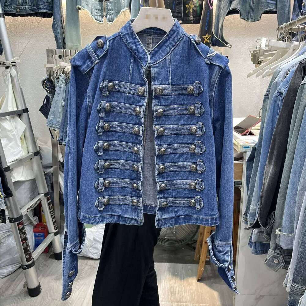 Retro Military Handsome Stand Collar Denim Jackets Women Double-Breasted Wild Slim Short Jean Coat Female Outerwear