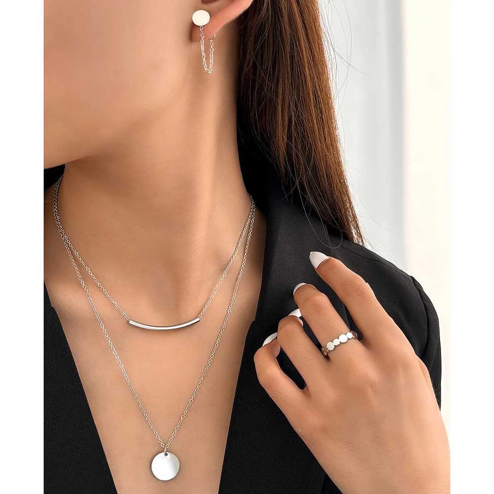 Stainless Steel Jewelry Set Round Ring Tassel Earrings Double Layer Necklace Simple Jewelry Set For Women Jewelry Festival Gift X250718