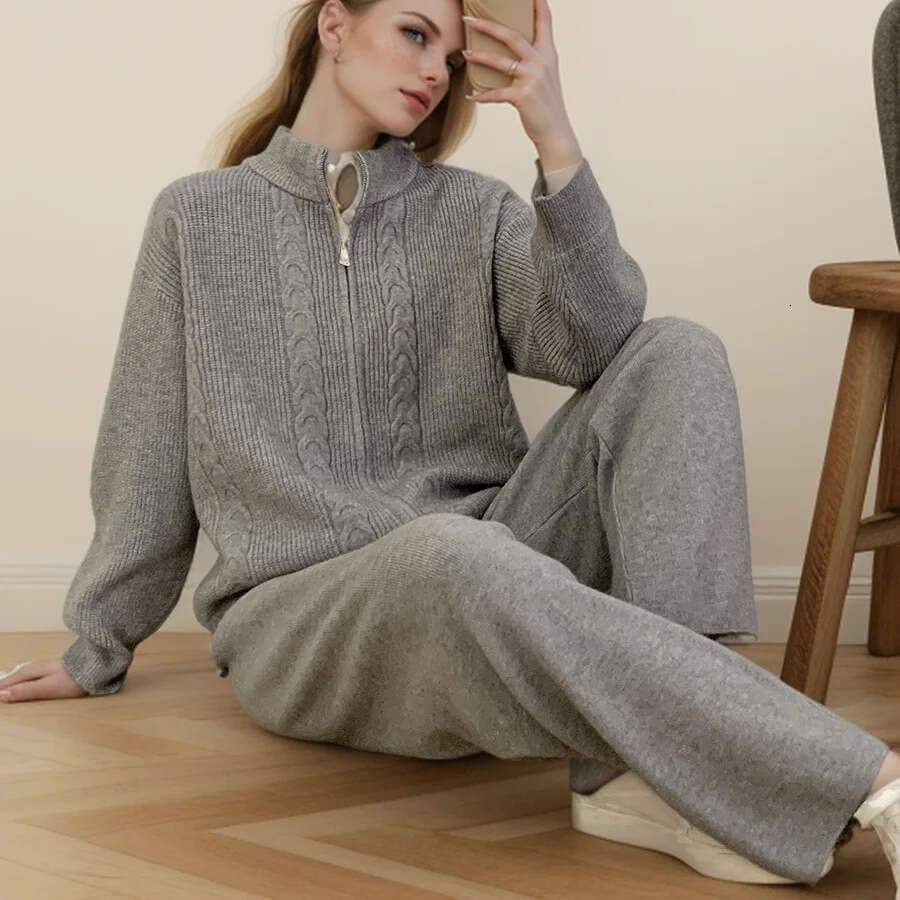 Autumn Winter New Loose Knitted Suit For Women With Zipper Cardigan Sweater + Wide-Leg Pants B5