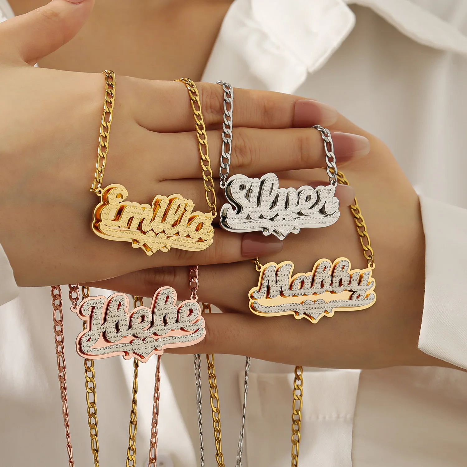 3D Custom Nameplate Necklace 18K Gold Plated Double Layer Two-Tone Personalized Name Necklaces With Heart Figaro Chain For Women 250717