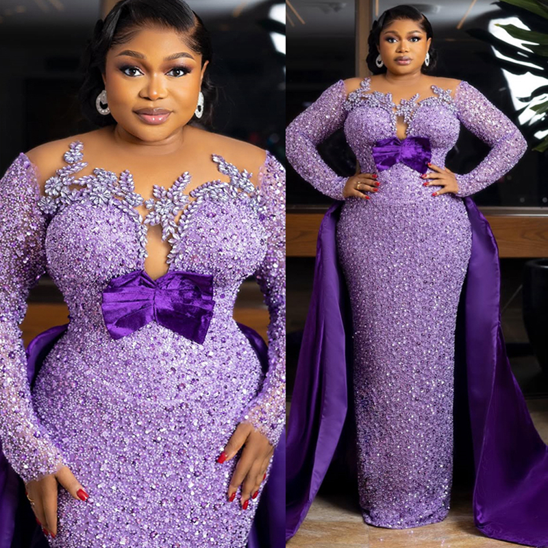 2025 Plus Size Light Purple Aso Ebi Prom Dress Mermaid Prom Dresess Evening Formal Gowns Sheer Neck Sequin Lace Birthday Second Reception Gown For Bla