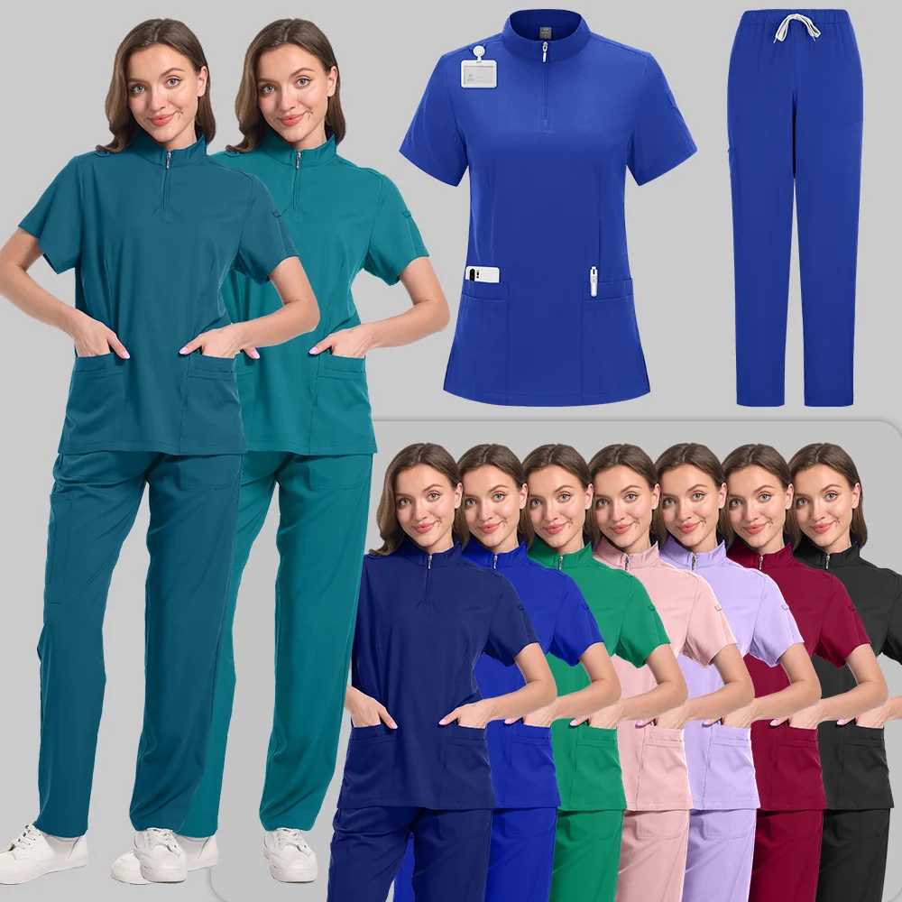 Womens Nurse Uniform Set Clinical Uniforms Medical Clothes Scrubs Sutis Surgical Blouse Zipper Top Pants Suit for Woman Man XXL Z250718