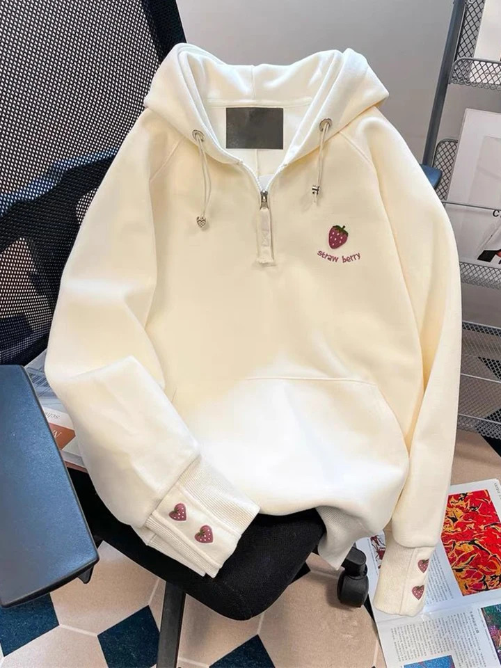 100% Cotton Cute Strawberry Hoodies Women Casual Loose Korean Sweatshirts Fashion Long Sleeve Preppy Style Female High Quality Tops 250717