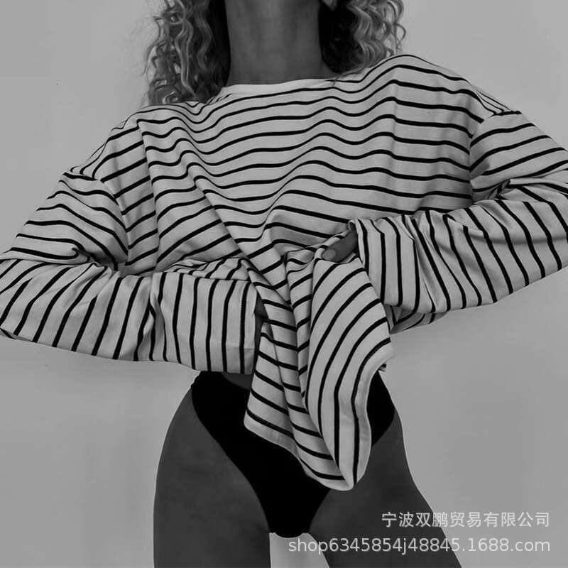 Spring Summer Fashion Loose Cotton Striped T-Shirt For Women Casual Round Neck Long Sleeve Split Top Style B5