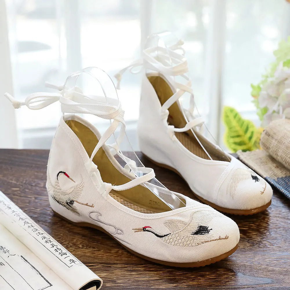 Veowalk Crane Embroidered Women Canvas Lace Strap Ballet Flats Ladies Comfortable Casual Cotton Fabric Shoes 250717