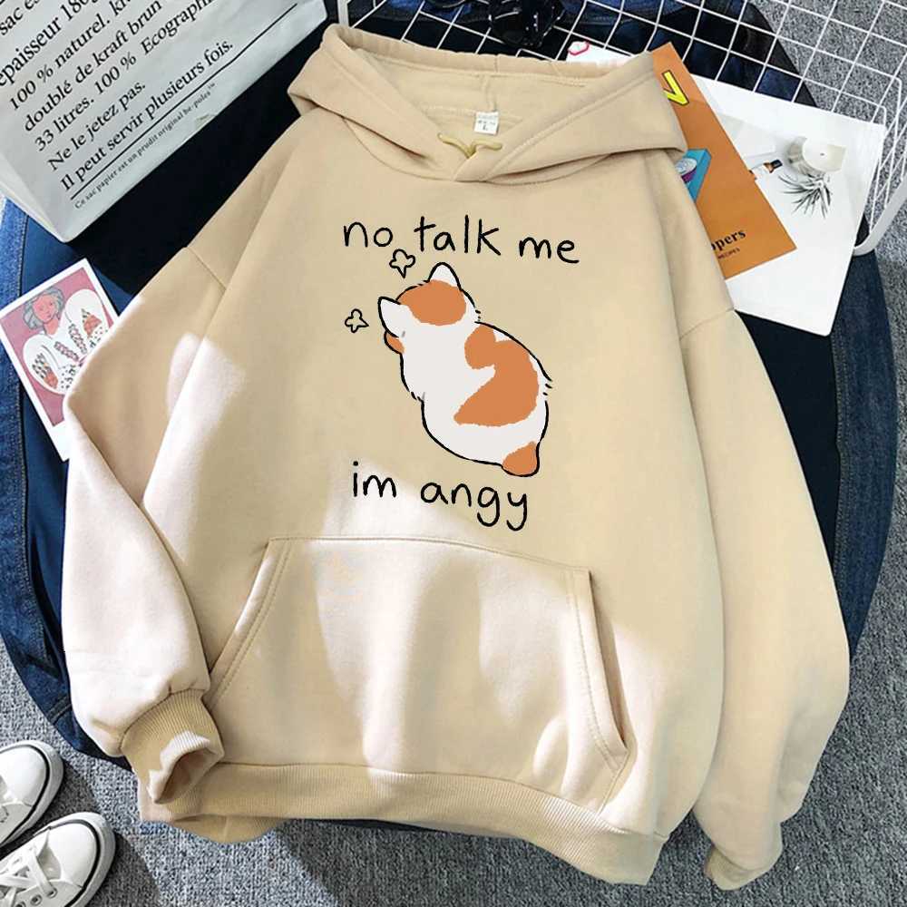 No Talk Me Cute Angry Cat Print Women Hoodie Hip Hop Soft Hoodies Casual Face Pullovers Oversize Face Woman Streetwear XJ250717