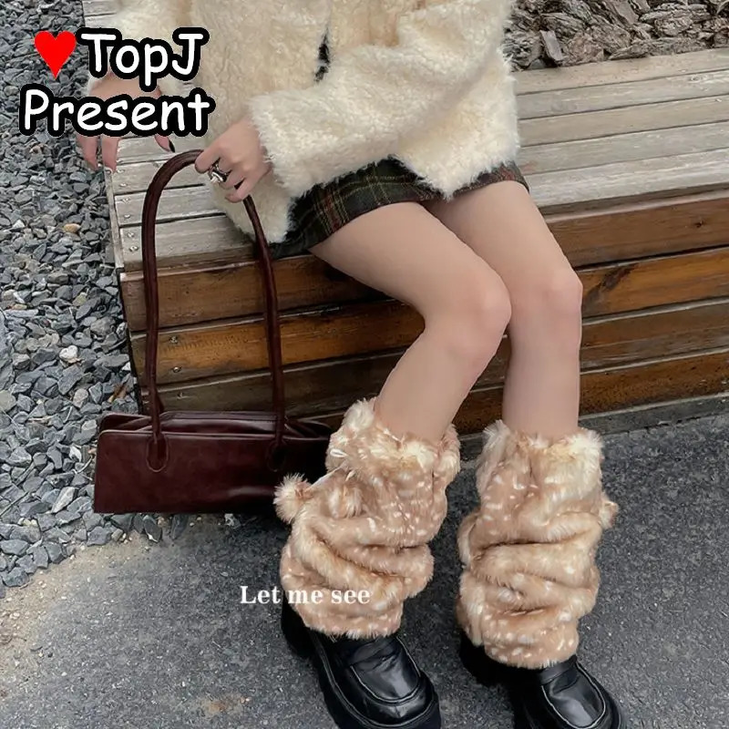 Womens Lolita Y2k Steam Punk Gothic Harajuk Winter Spicy Girls Deer Pattern Plush Insulation Thickening Furry Leg Warmers Cover 250717