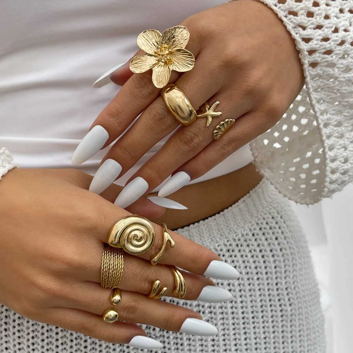 10 Pieces One Set Vacation Beach Style Flower Starfish Knuckle Rings For Women Bohemian Vintage Gold Silver Color Open Joint Ring X250718