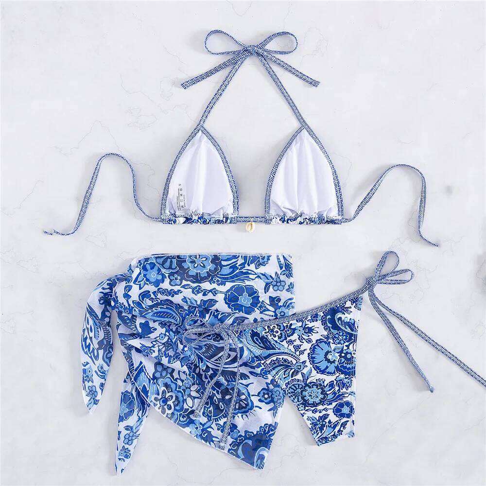 Vintage Blue Floral Print Swimwear Halter String Triangle 3 Piece Bikini Set Cover Ups Sexy Swimsuit Women 2025 Bikinis De Muejr