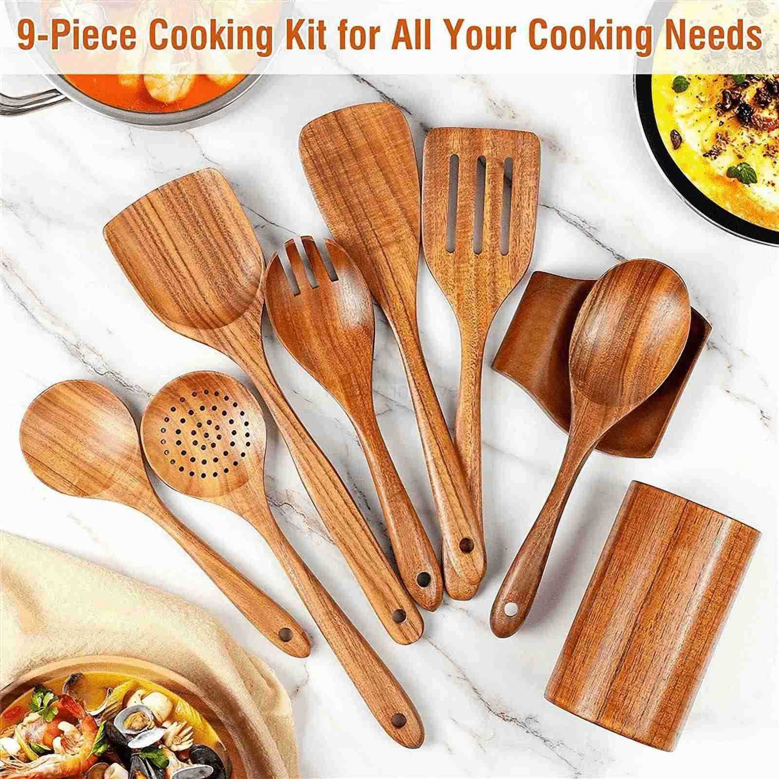 9pcs Natural Wood Kitchenware Set Skimmer Spoons Salad Scoop Kitchen Utensils Non-Stick Rice Colander Soup Cooking Tools M250718